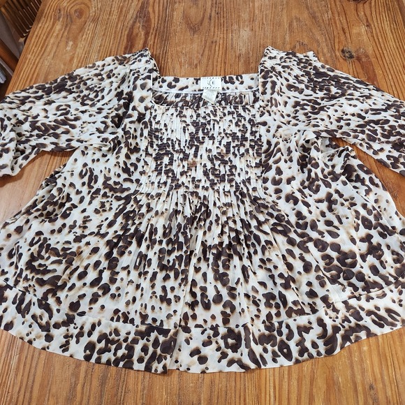 Ice Leopard Print 3/4 Sleeve Blouse XL Smocked Pleated Belt Y2K‎ 90s Milkmaid - Picture 3 of 11